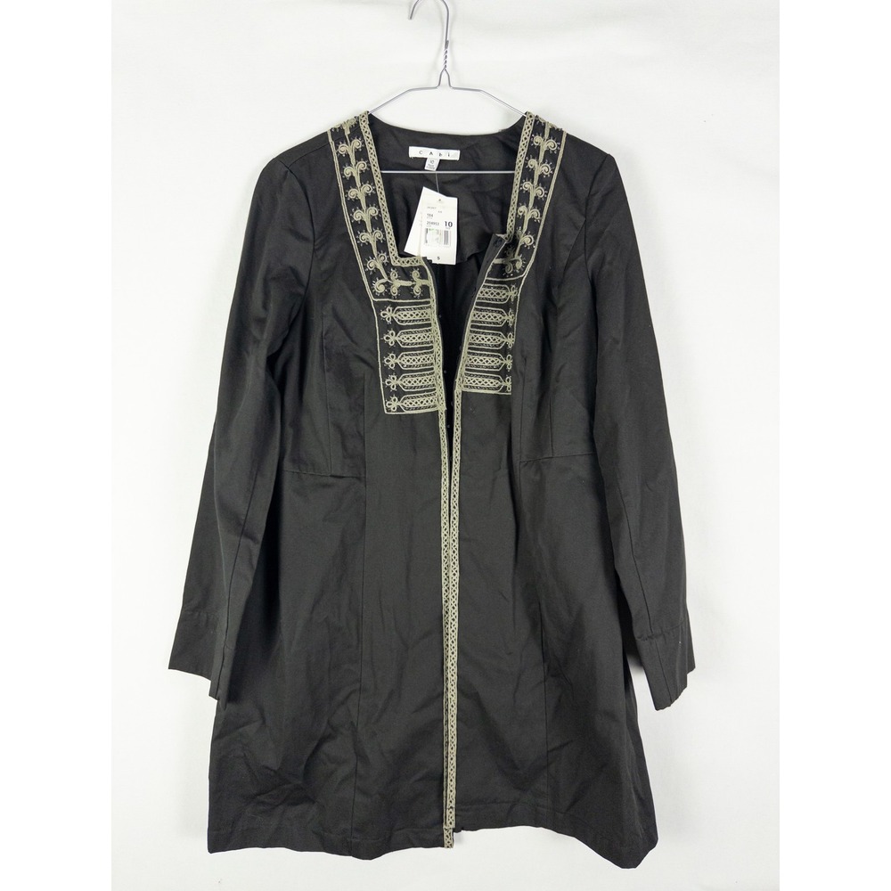 CAbi Embroidered Open Front Jacket Womens 10 Black Gold Boho Statement Tunic